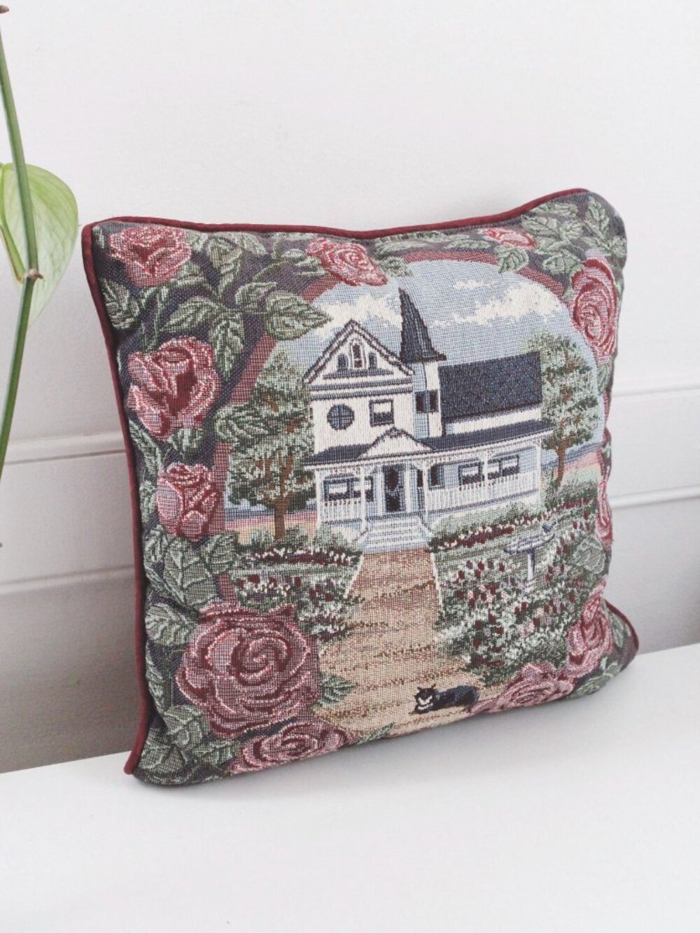 Vintage Tapestry Throw Pillow Country House Floral Cat Cottagecore Decor - Picture 2 of 5